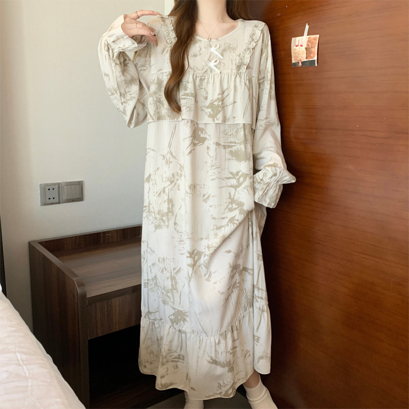 新品防凸点棉绸睡裙女款夏季长袖长款大码宽松2025新款秋款女绵绸