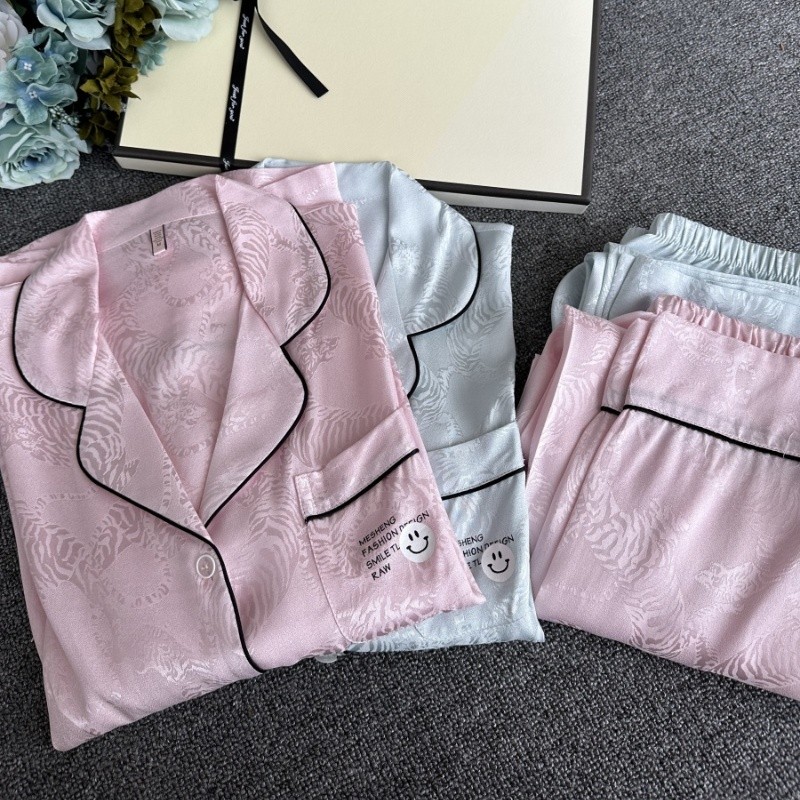 新品时尚提花冰丝睡衣女长袖家居服春夏季休闲轻奢老虎提花套装可