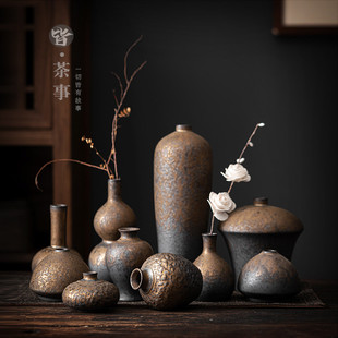 小摆件花插水培粗陶花器桌面装 鎏金陶瓷小花瓶中式 饰禅意家居干花