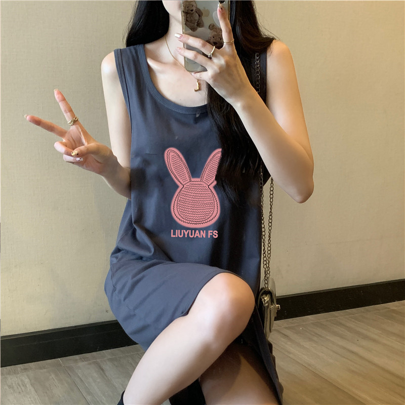 现货夏天无袖背心卡通可爱印花吊带连衣裙纯棉睡裙外穿性感睡衣家