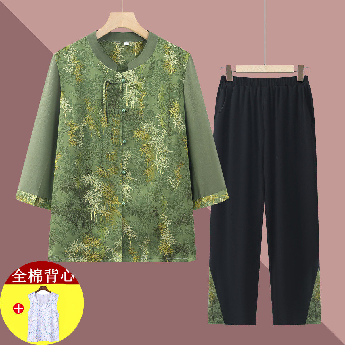 老年人夏装女奶奶套装老太太国风中袖衬衫妈妈夏季新款两件套