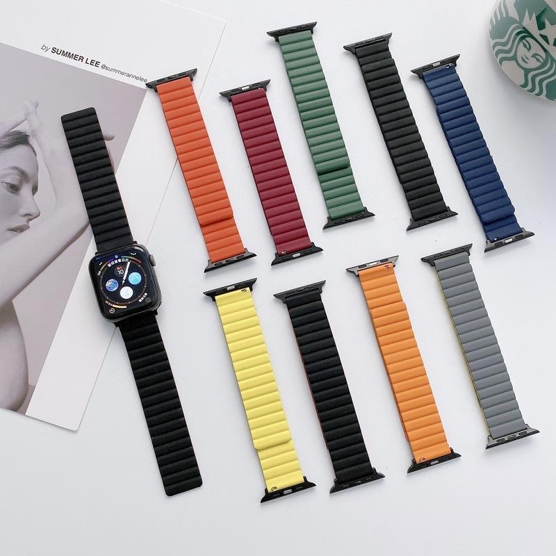 适用于applewatch苹果表带iwatch8代76543se磁吸硅胶双色男女腕带