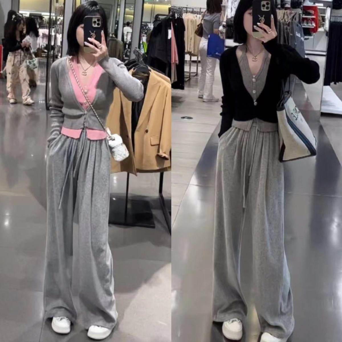 小个子时尚减龄挂脖套装女早秋季假两件V领阔腿裤两件套