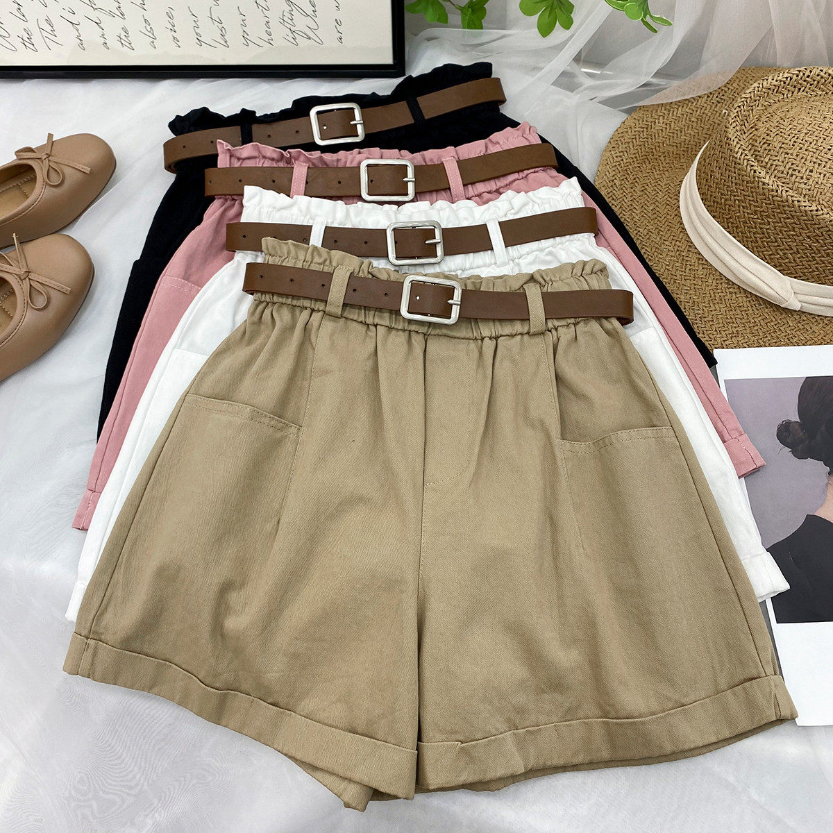 花苞卷翻边工装阔腿女夏日系洋气质百搭休闲a字热裤,女装/女士精品,休闲裤,淘宝优惠券,粉丝福利购,淘宝优惠卷