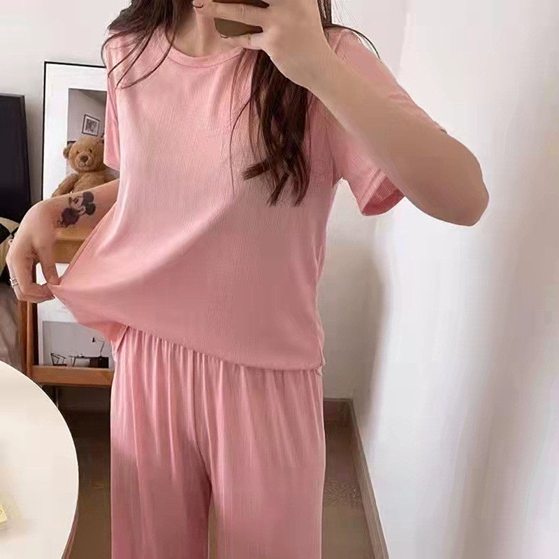 新品艾窈蜜鲁冰花家居服套装睡衣女夏季薄款短袖长裤透气纯色外穿