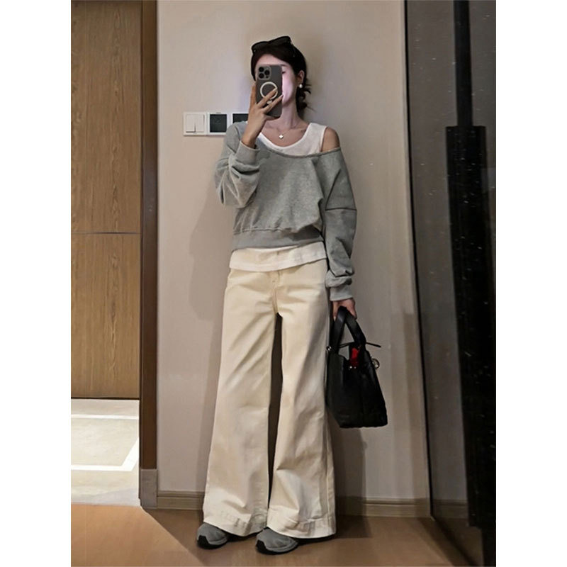 ins韩版洋气宽松休闲显瘦百搭长袖圆领拼接假两件露肩美式女
