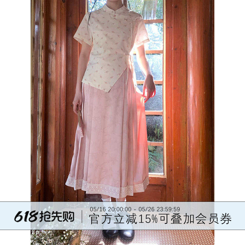 霍里德地图夏季国风新中式粉色竹子图案蕾丝下摆中长款,女装/女士精品,半身裙,淘宝优惠券,粉丝福利购,淘宝优惠卷