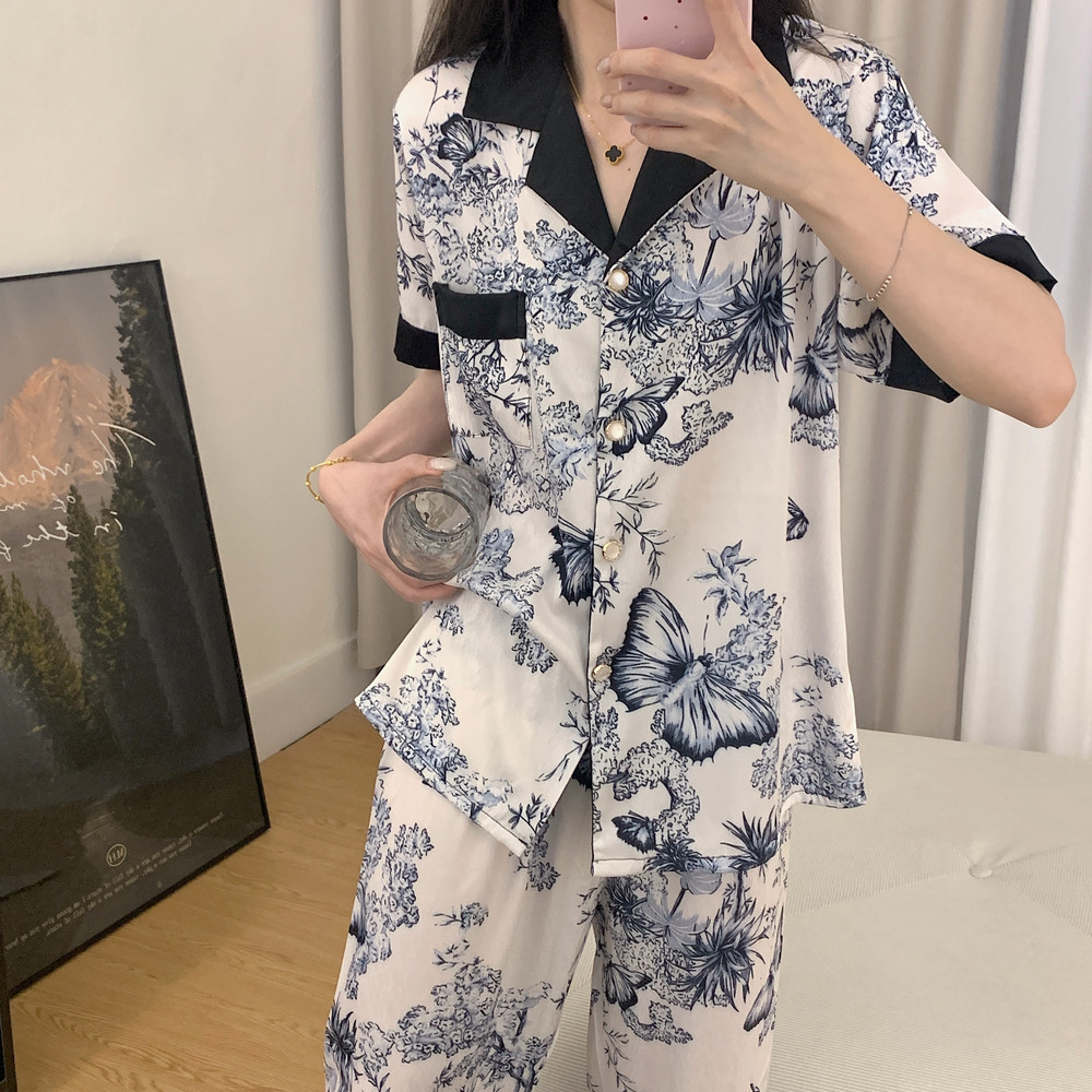 新品冰丝睡衣女夏季高级感短袖长裤夏天薄款甜美轻奢丝绸可外穿家