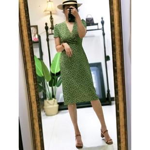 夏茶歇裙女气质法式浪漫V领包臀中长款收腰雪纺裙