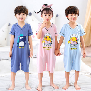 儿童连体空调睡衣夏季纯棉冰丝薄款小女孩睡裙小童防踢护肚家居服