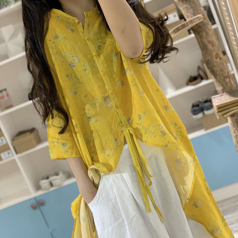 夏季中长款衬衣文艺民族风印花小宽松开衫系带苎麻衬衫女