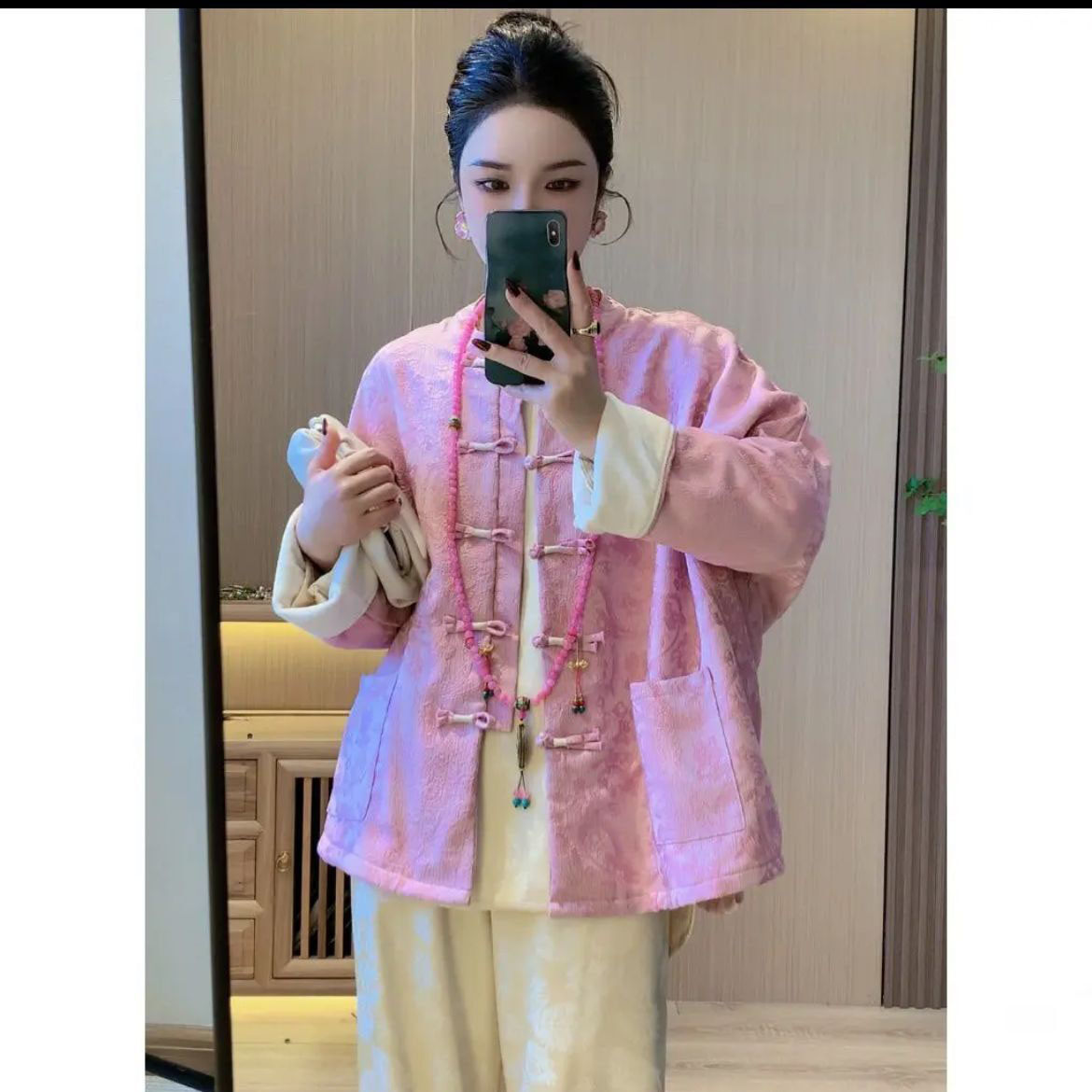 加绒加厚 新中式盘扣国风年轻款提花气质百搭棉服女