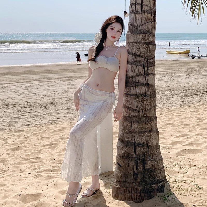 分体比基尼长裙泳衣女2025新款立体花白色高级感性感海边度假泳装