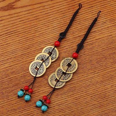 黄铜三帝钱挂件乾道嘉蓝珠编织绳背包书包汽车钥匙扣挂绳平安吊坠