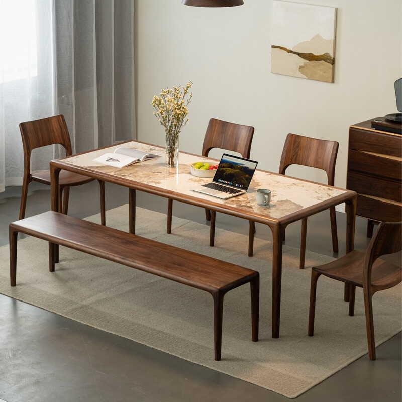 北美黑胡桃木家用实木岩板餐桌小户型简约北欧现代原木长方形饭桌