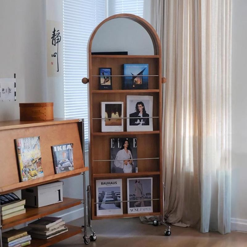 复古玄关实木杂志架镜子可移动报刊收纳置物展示架主卧穿衣全身镜