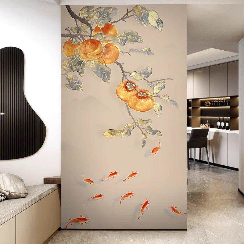 新中式柿子墙布简约壁布客厅入户玄关隔断背景墙壁纸现代墙纸暖色