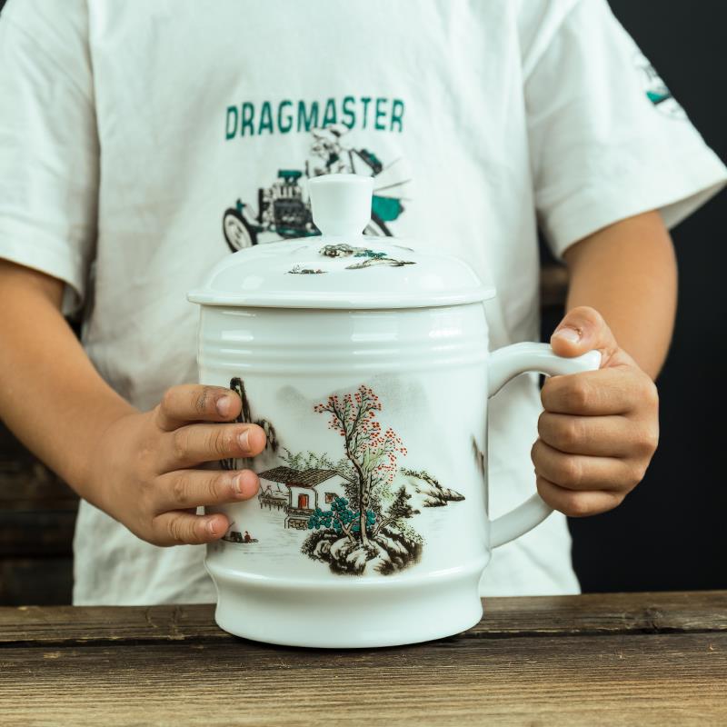 德化大水杯1L陶瓷超大会议泡茶杯个人办公杯子男士带盖家用1000ml