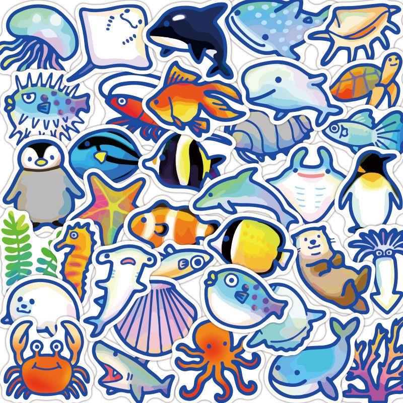 卡通海洋世界水族馆鱼类贴纸幼儿园奖励儿童装饰素材海豚贴画防水图片