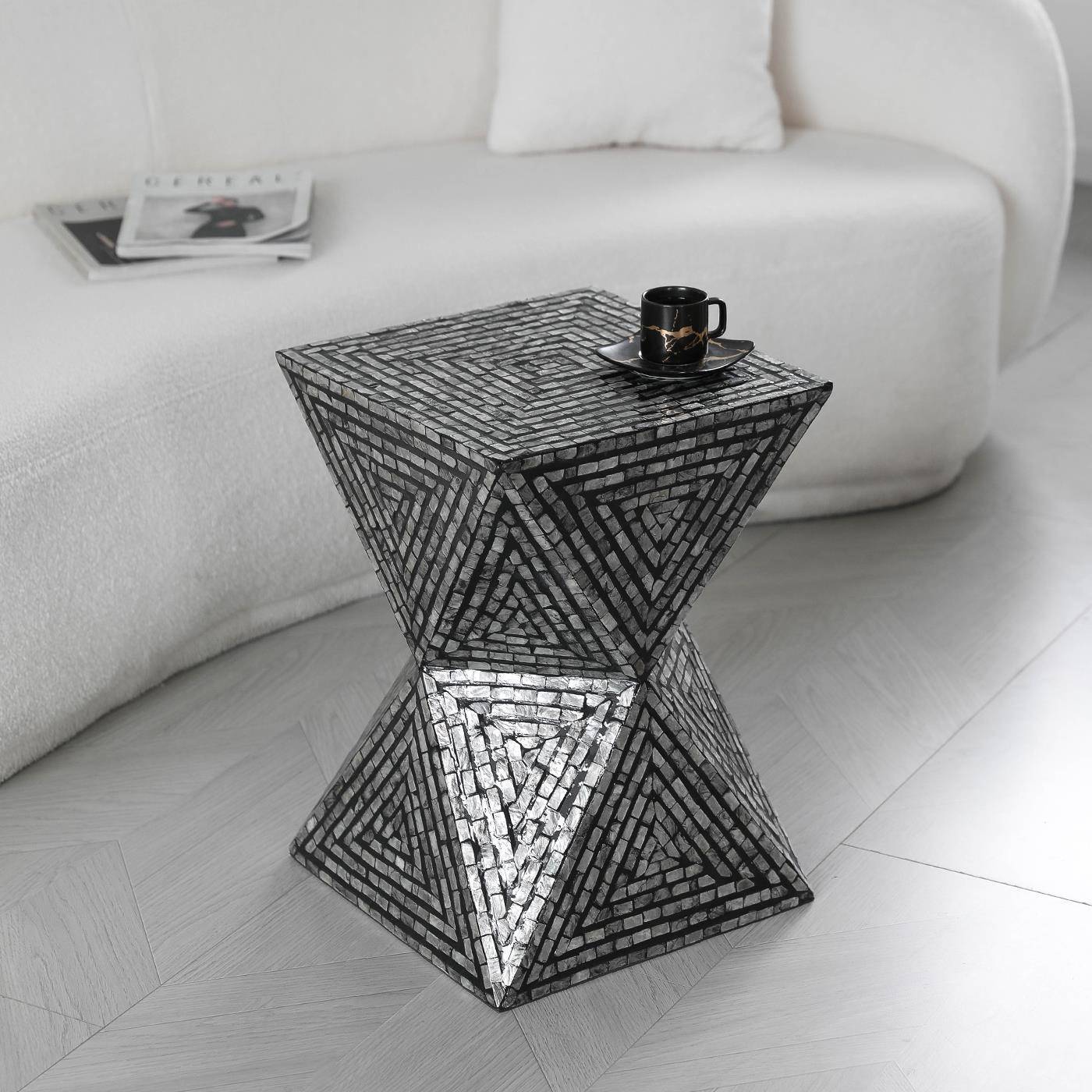 侘寂风手工螺钿贝壳边几客厅艺术装饰品茶几高级感沙发角几方桌子