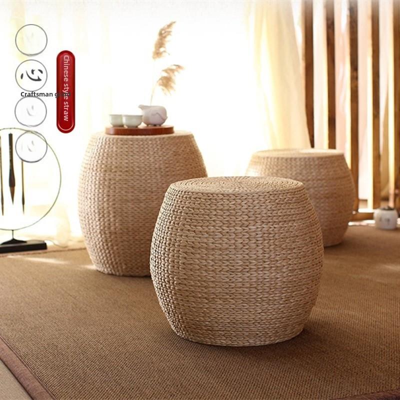 日本藤草椅换鞋凳榻榻米圆凳家居客厅沙发矮凳凳凳木制小凳