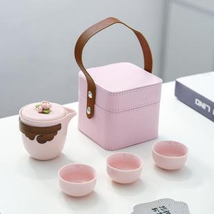 手工捏花茶壶快客杯一壶三杯户外泡茶器 粉色陶瓷旅行茶具便携套装