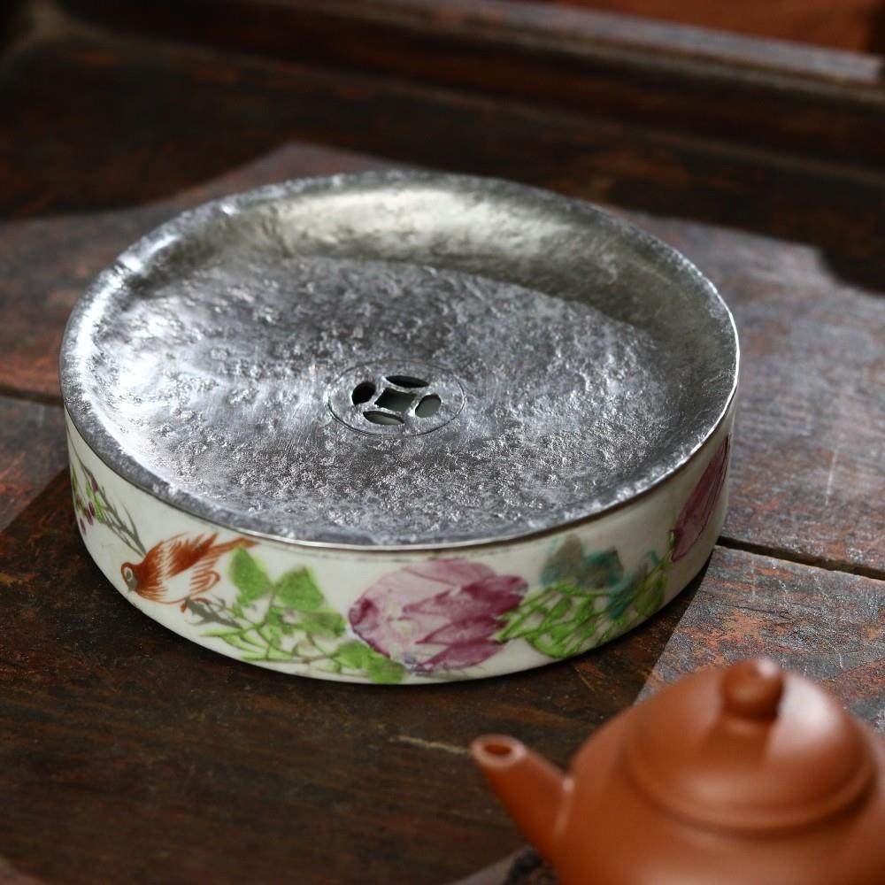 晚清民国手绘粉彩花鸟老瓷器建水茶缸壶承茶盘茶池茶船杯托壶托
