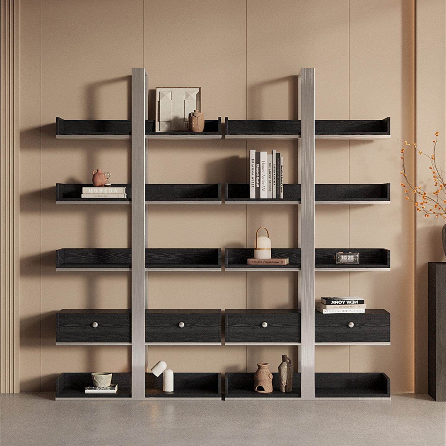 意式极简书架整墙书柜不锈钢轻奢书架落地简约装饰收纳博古架隔断
