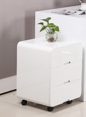 白色亮光烤漆小柜子三抽屉文件柜木质床头柜办公桌柜子轮子