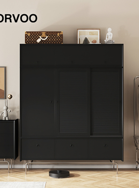 OOO家具  黑色实木复古百叶门衣橱家用民宿卧室二三四门