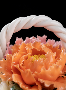 东方泥土《花富贵》陶瓷手工牡丹花篮装饰品办公室客厅桌面