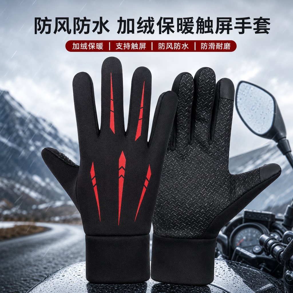 防风防水加绒保暖摩托车冬季防寒骑行装备骑车全指男触屏手套防滑