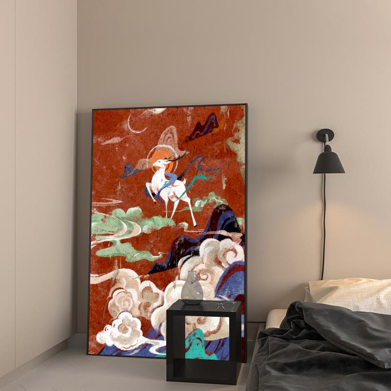 新中式玄关装饰画寓意好的过道走廊敦煌壁画红色艺术客厅挂画福鹿图片