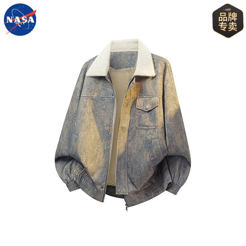 NASA品牌高质量大码男士潮流翻领夹克秋冬季高端宽松休闲外套男装