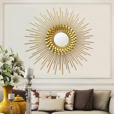 轻奢客厅沙发背景墙饰玄关装饰镜墙壁挂饰奢铁艺挂件金属太阳壁饰