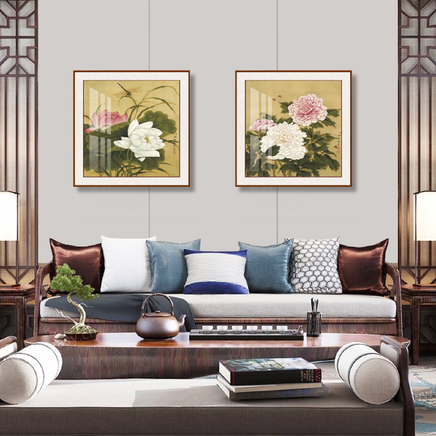 实木斗方中式工笔画荷花牡丹花鸟方形晶瓷画茶室客厅玄关装饰画