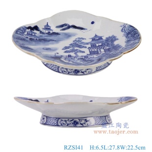 饰品摆件 景德镇陶瓷青花山水高脚盘果盘创意摆件办公室桌面赏盘装
