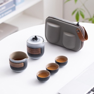 陶瓷茶壶快客杯一壶三杯露营喝茶户外随身茶具家 便携旅行茶具套装
