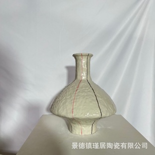 手作创意陶瓷花瓶异型颜色釉手绘线条轻奢风花器台面摆件水培 新款