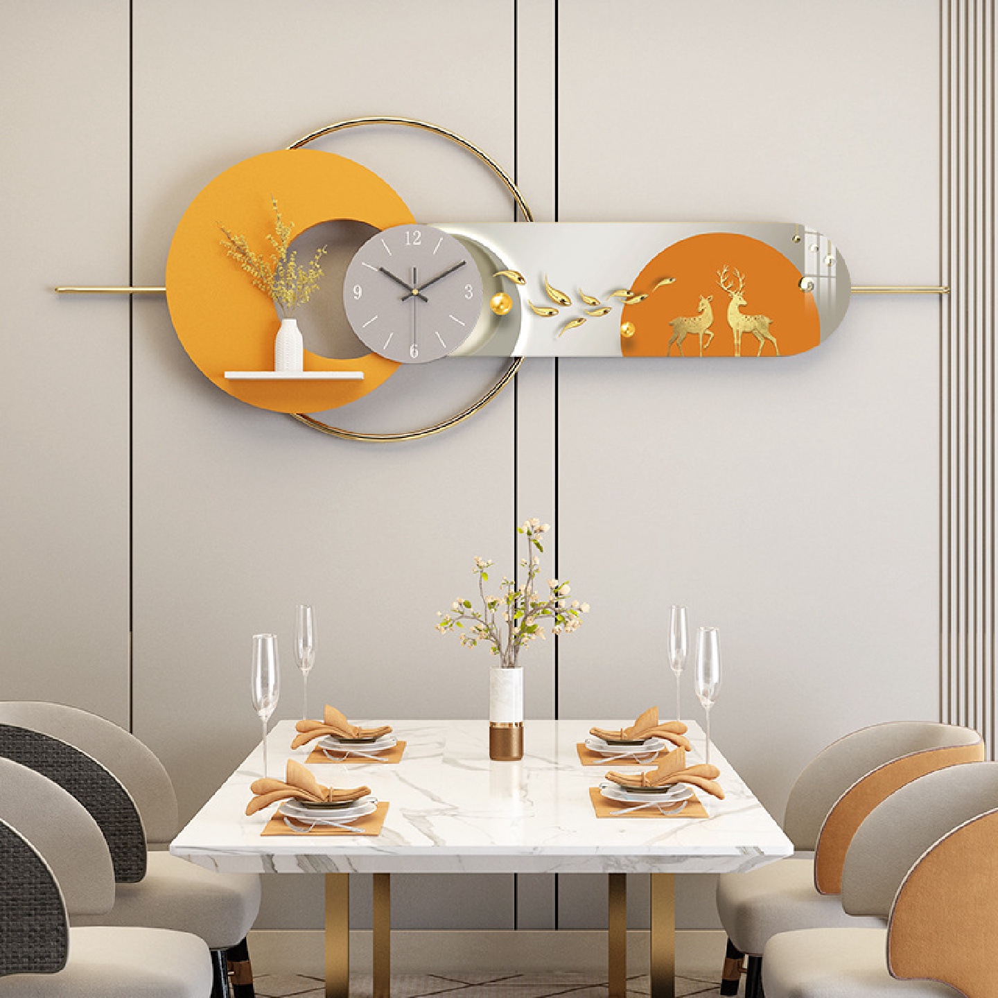 新款网红壁挂画立体钟表装饰画玄关餐厅墙面晶瓷组合装饰画壁饰图片