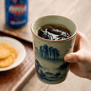 老陶泥冰裂千里江山可乐杯唯心造手工茶具陶瓷手握杯茶杯子家用