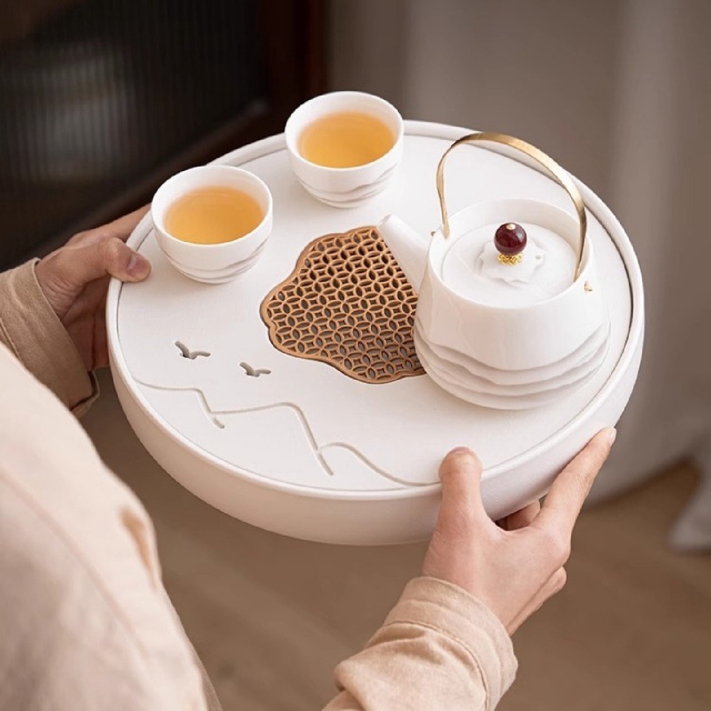 新中式圆形全陶瓷茶盘家用蓄水功夫茶具托盘小型茶海茶台沥水干泡