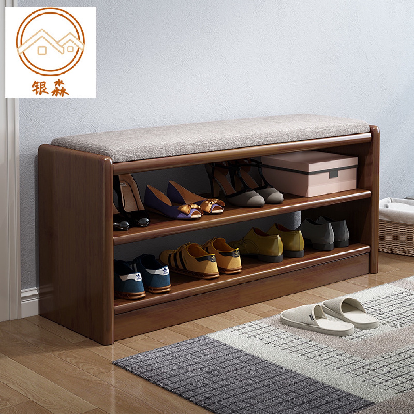 换鞋凳家用软包坐垫门口简约实木鞋架凳入户可坐穿鞋凳进门长条凳