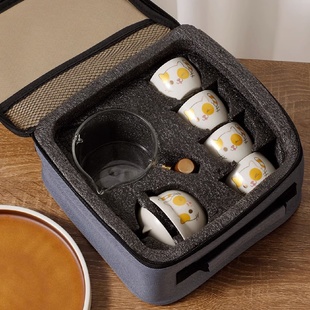 陶瓷旅行茶具 招财猫侧把茶壶小青柑泡茶壶旋转户外露营便携套装