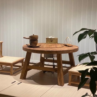 老榆木围炉煮茶桌小圆桌家用阳台禅意围炉茶桌茶几户外露营火锅桌