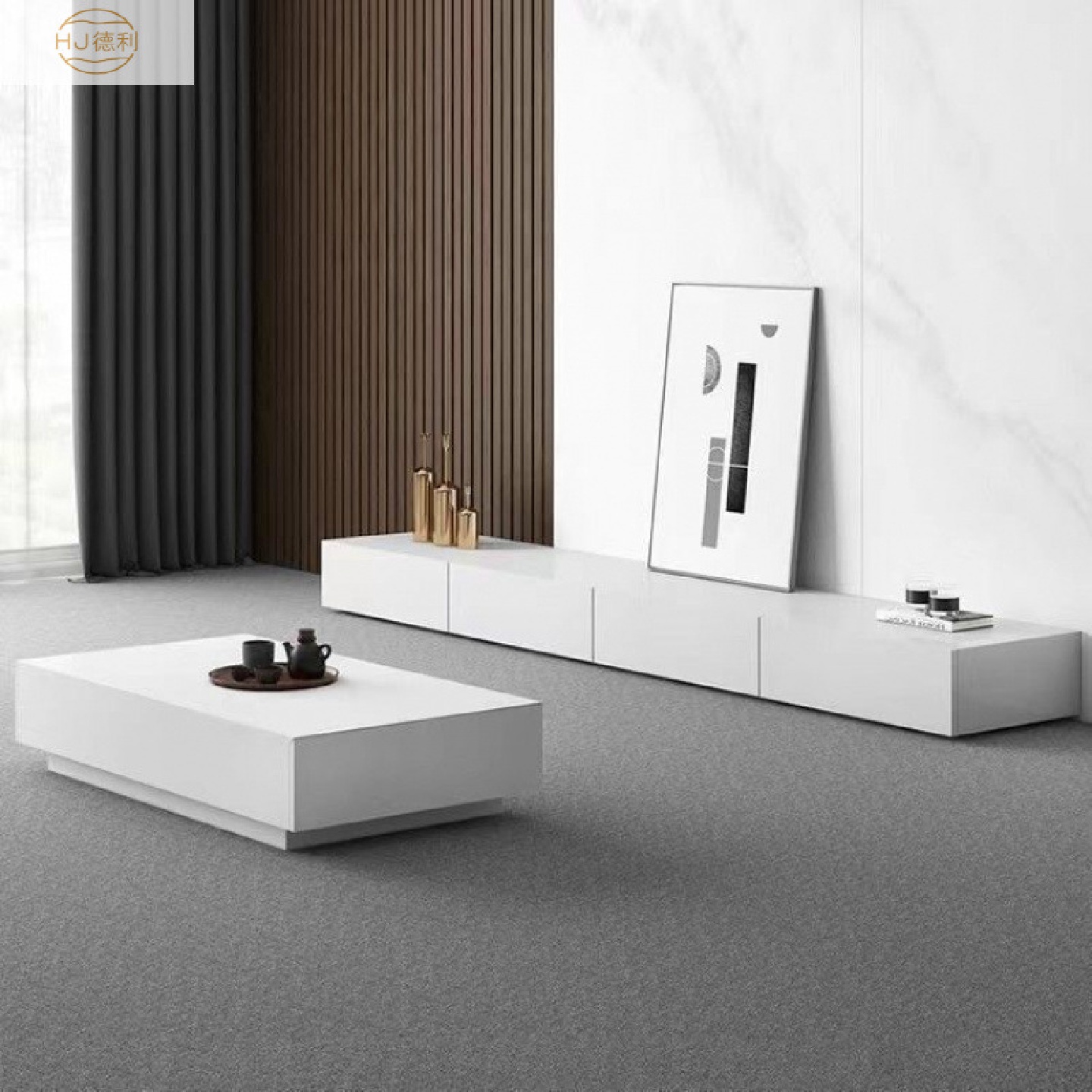 轻奢极简电视柜茶几组合黑色现代高级感小户型客厅茶几电视柜组合