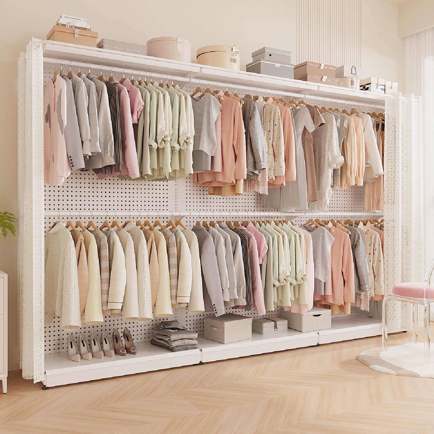 洞洞板衣柜一体卧室家用简易组装金属框架衣帽间防尘帘挂衣柜衣橱