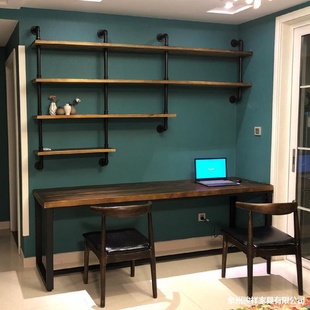 书桌书架组合家用实木loft工业风书房学习办公桌双人电脑桌子