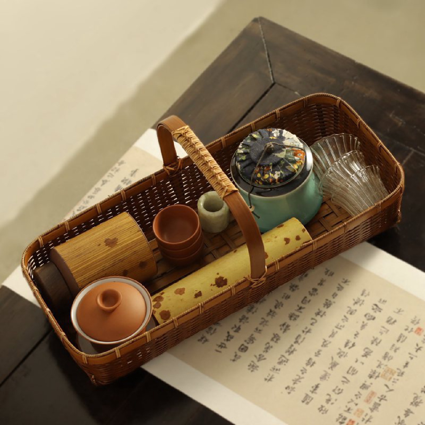 手工大漆竹编手提竹篮家用杂物收纳筐日式茶具收纳篮水果篮