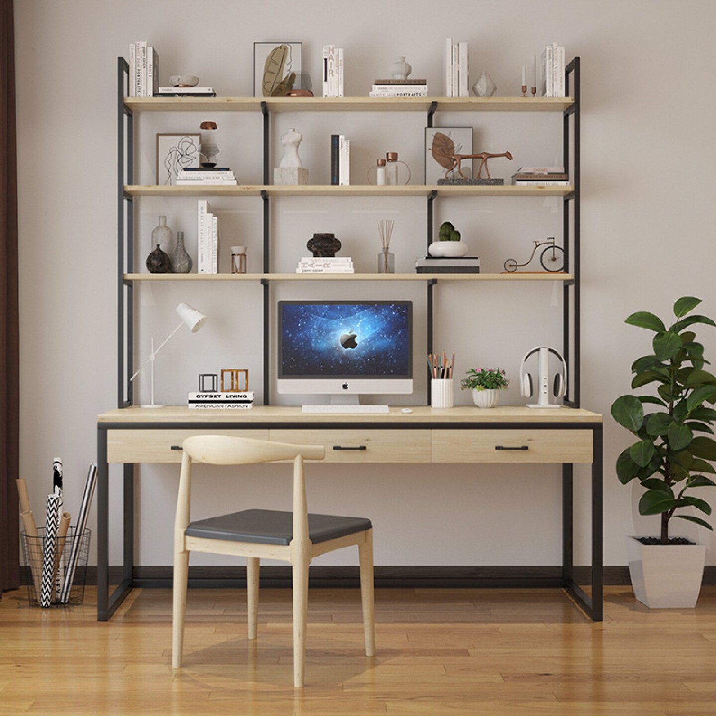 北欧实木书桌书架一体组合家用双人电脑台式桌带抽屉办公一字桌